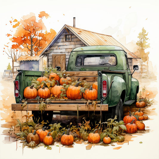 Diamond Painting - Full Round - Autumn Pumpkin Vintage Car (40*40CM)