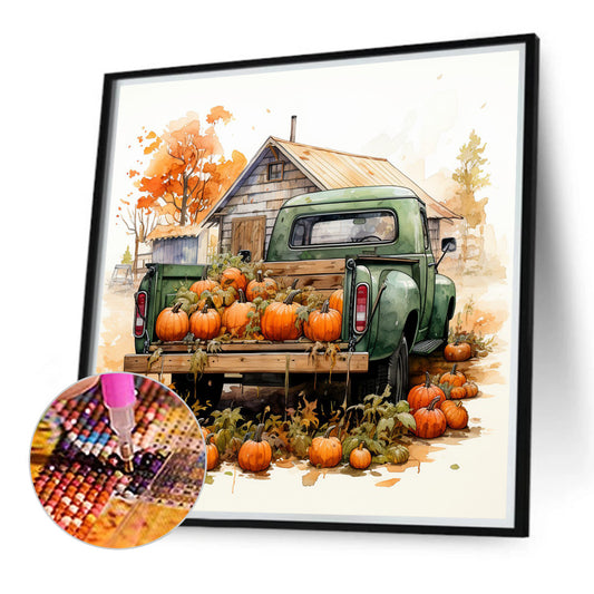 Diamond Painting - Full Round - Autumn Pumpkin Vintage Car (40*40CM)