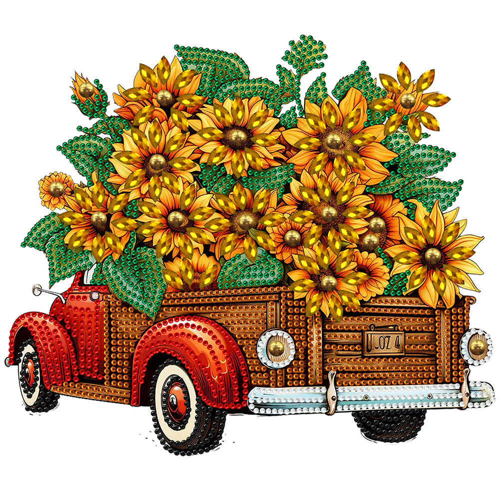 Diamond Painting - Partial Special Shaped - sunflower vintage car (30*30CM)