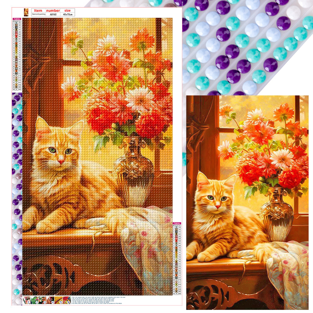Diamond Painting - Full Round - Orange cat next to vase (40*70CM)