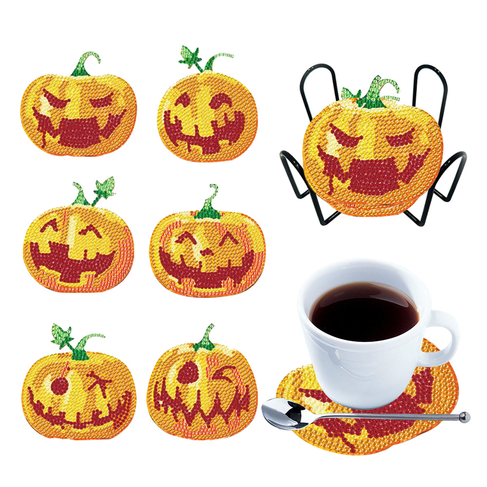 6PCS Wooden Flower Pumpkin Diamond Painting Art Coaster Kit with Holder