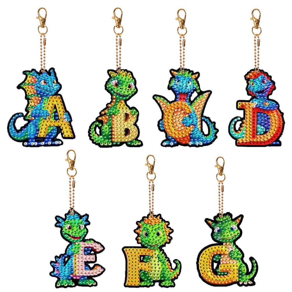 7PCS Double Sided Diamond Painting Art Keychain Pendant (Dinosaur 26 Letters #1)