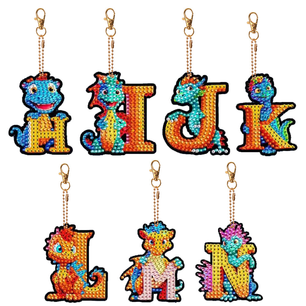 7PCS Double Sided Diamond Painting Art Keychain Pendant (Dinosaur 26 Letters #2)