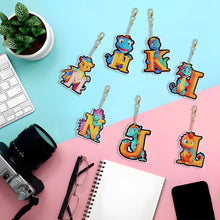 Load image into Gallery viewer, 7PCS Double Sided Diamond Painting Art Keychain Pendant (Dinosaur 26 Letters #2)
