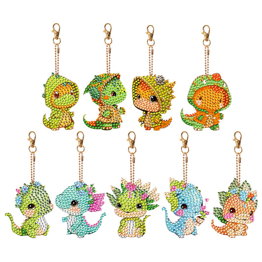 9PCS Double Sided Full Drill Keyring Forest Dinosaur for Adult Kid Handbag Decor