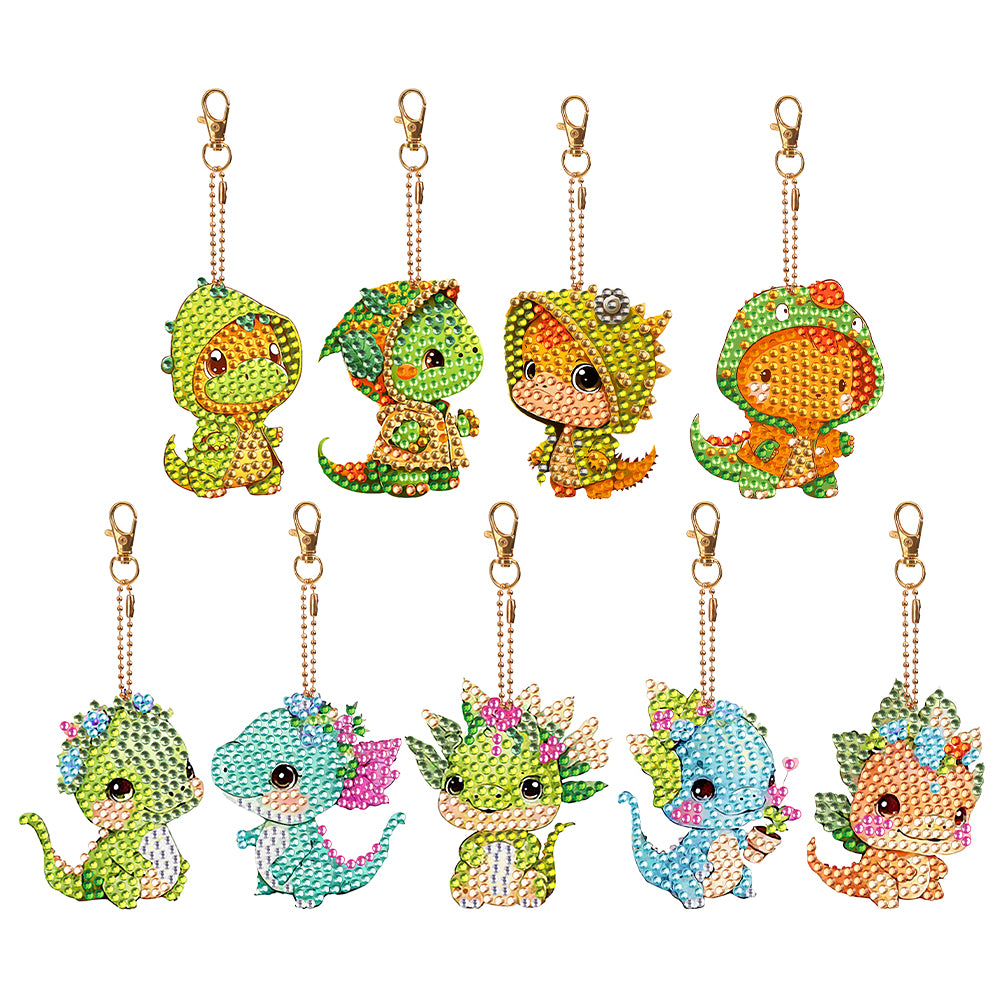 9PCS Double Sided Full Drill Keyring Forest Dinosaur for Adult Kid Handbag Decor