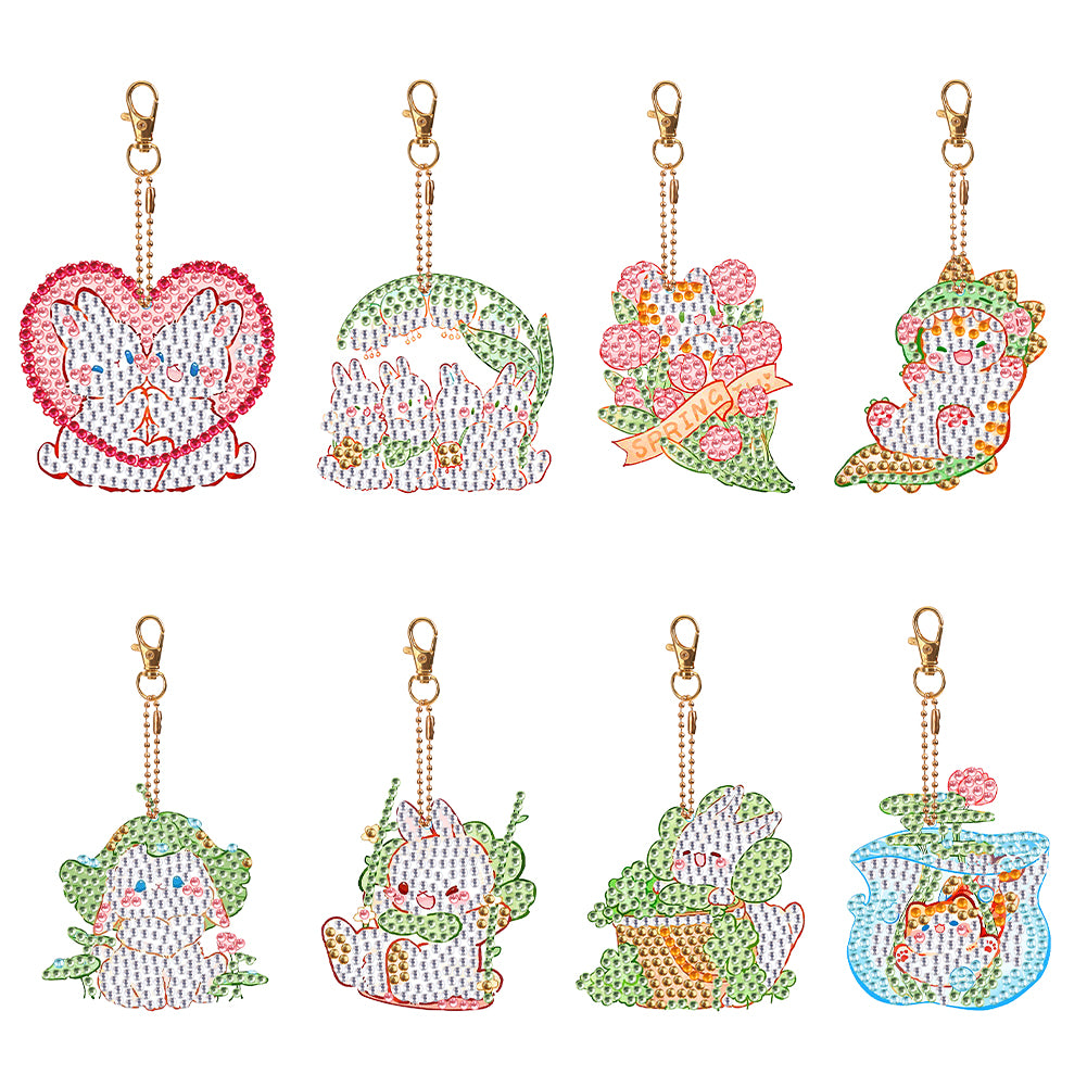 8PCS Rhinestone Painting Keychain Pendant Elegant Lotus Double Sided Fresh Bunny
