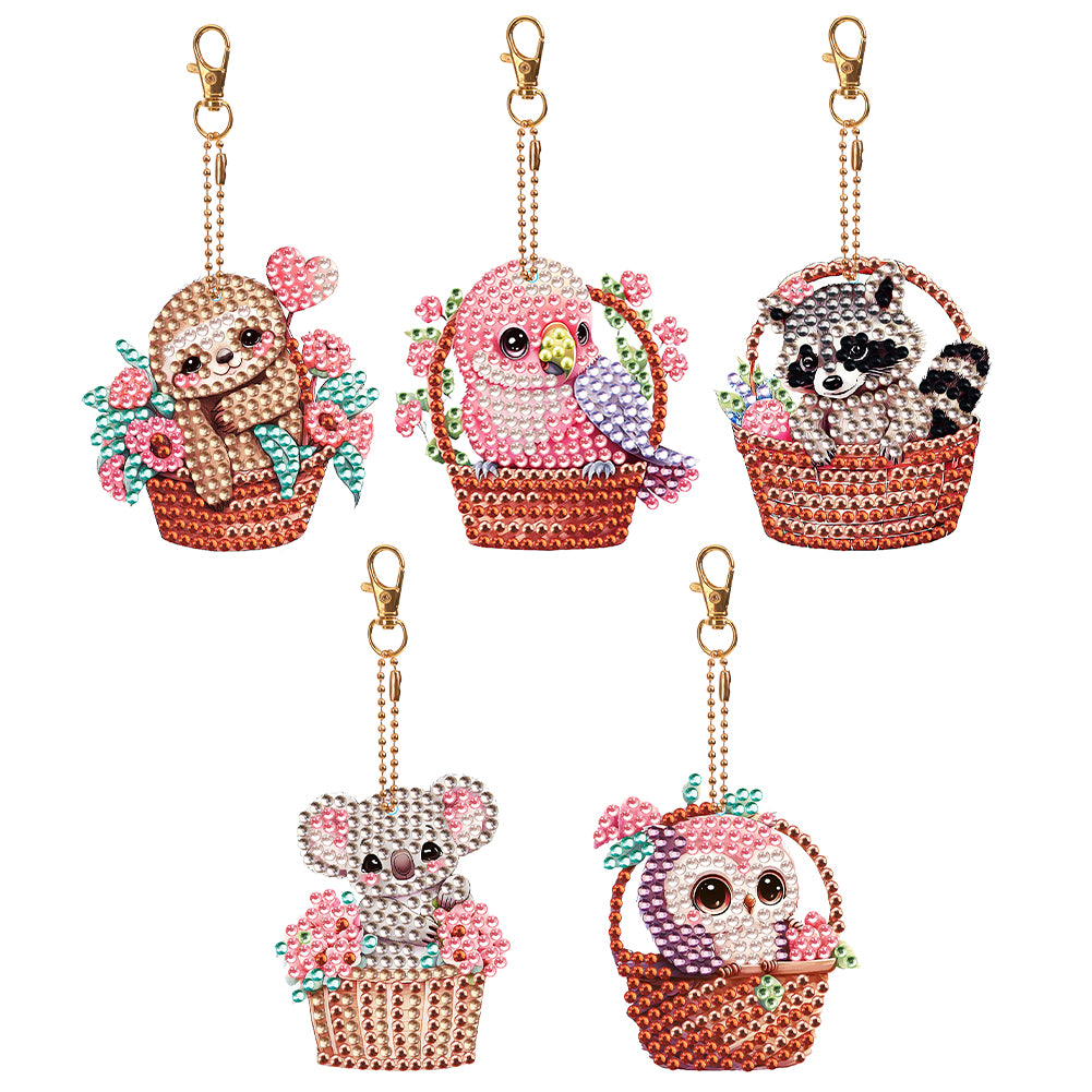 5PCS Diamond Art Keyring Basket Animal Double Sided Rhinestone Painting Keychain