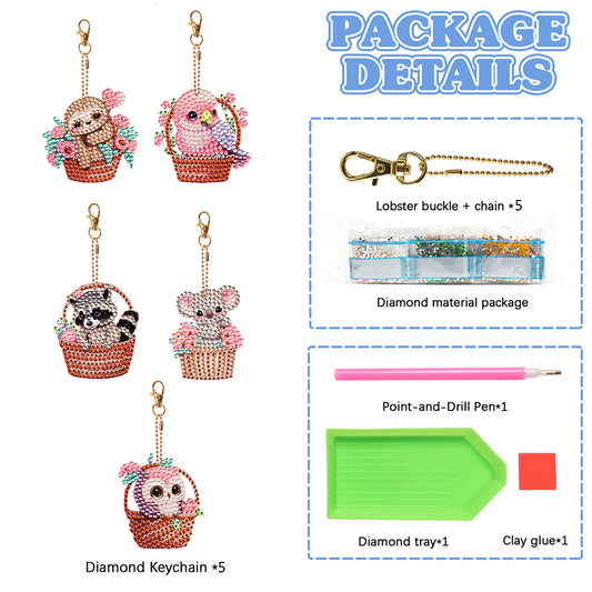 5PCS Diamond Art Keyring Basket Animal Double Sided Rhinestone Painting Keychain