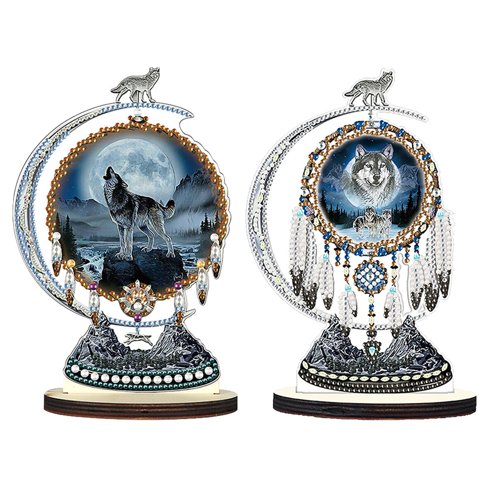 2PCS Wooden Dreamcatcher Wolf Table Top Diamond Painting Decor (#4)