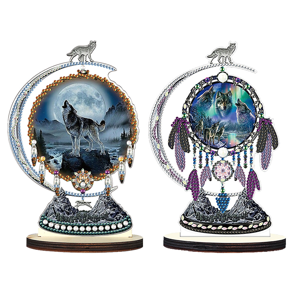 2PCS Wooden Dreamcatcher Wolf Table Top Diamond Painting Decor (#5)