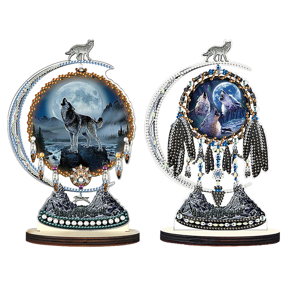 2PCS Wooden Dreamcatcher Wolf Table Top Diamond Painting Decor (#6)