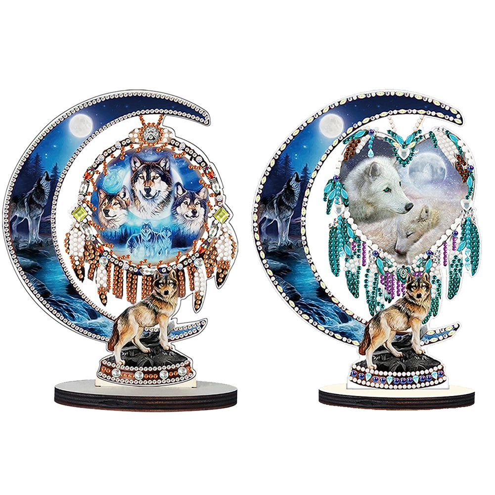 2PCS Table Top Diamond Painting Decor Wooden Dreamcatcher Wolf (#6)