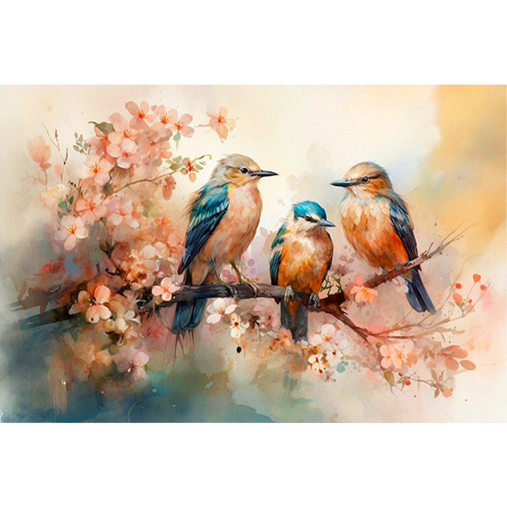 Diamond Painting - Full Round - Three flying birds on a beautiful flower branch (40*60CM)