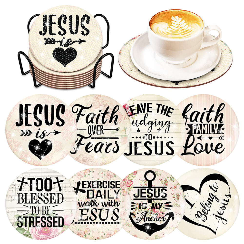 8PCS Diamond Painting Coasters Kits Wooden Full Drill Coaster(English Letters 3)