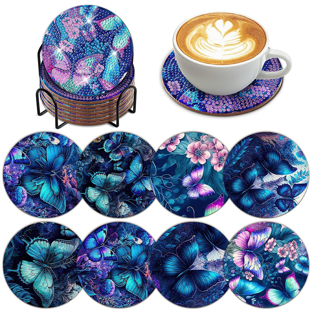 8PCS Diamond Painting Coasters Kits Acrylic Full Drill Coaster(Purple Butterfly)