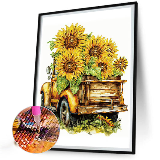 Diamond Painting - Partial Special Shaped - Sunflower and car (30*40CM)