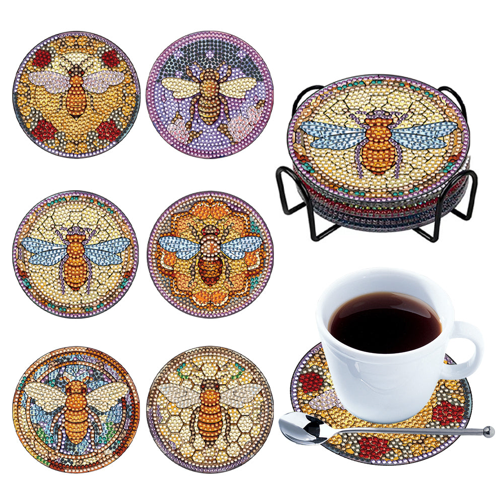 8PCS Special Shape Diamond Painting Coasters Kits (Bee Stained Glass)