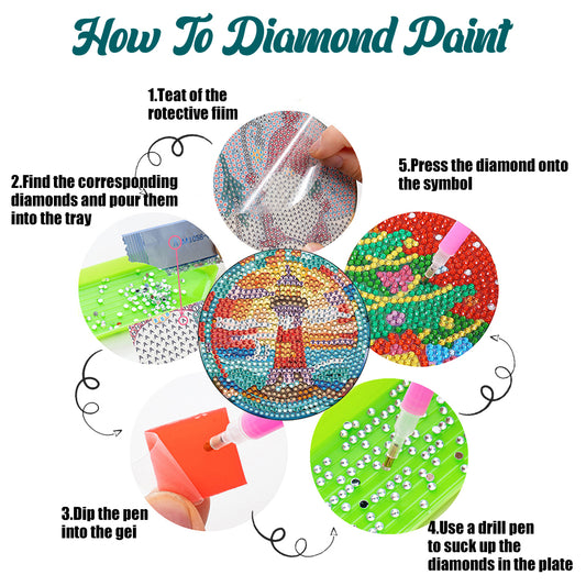 8PCS Special Shape Diamond Painting Coasters Kits (Lighthouse Stained Glass)