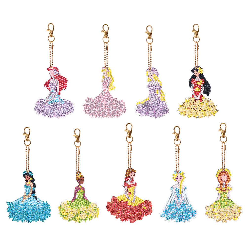 9PCS Double Sided Diamond Art Keyring Full Drill Keyring (Disneyland Princess)