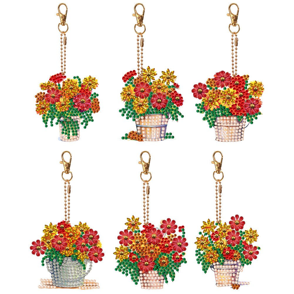 6PCS Double Sided Special Shape Diamond Painting Keychain (Barrel Flowers)