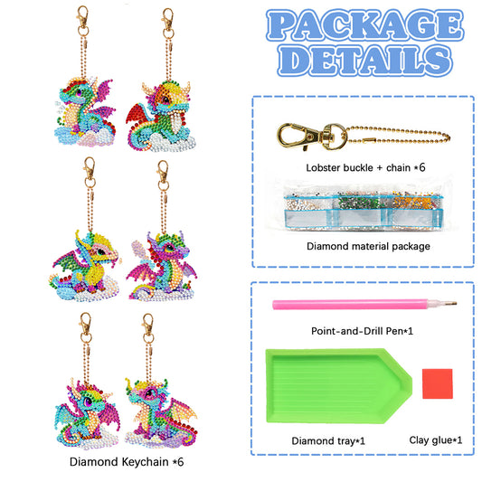 6PCS Double Sided Special Shape Diamond Painting Keychain (Propitious Pterosaur)