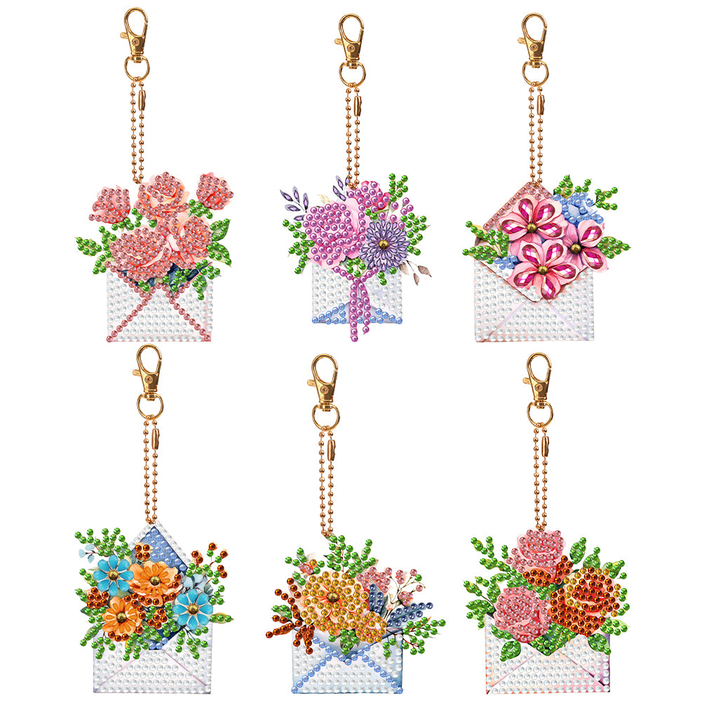 6PCS Double Sided Special Shape Diamond Painting Keychain (Envelope Flowers)