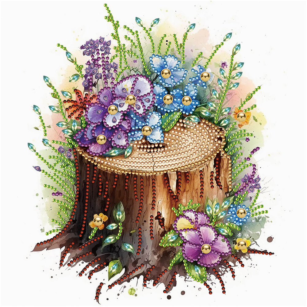 Diamond Painting - Partial Special Shaped - The tenacious blooming flowers in the wooden pile (30*30CM)
