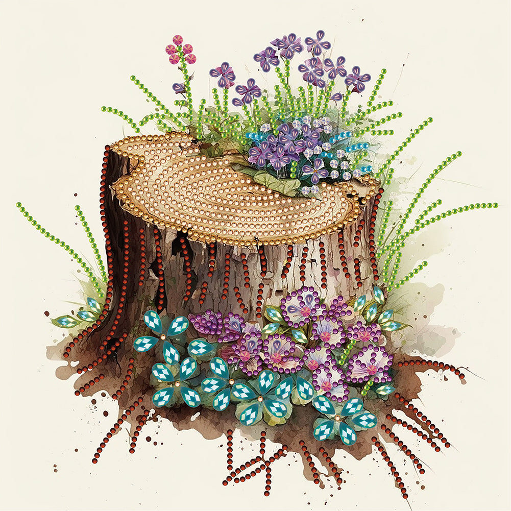 Diamond Painting - Partial Special Shaped - The tenacious blooming flowers in the wooden pile (30*30CM)