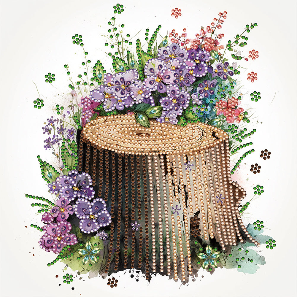 Diamond Painting - Partial Special Shaped - The tenacious blooming flowers in the wooden pile (30*30CM)