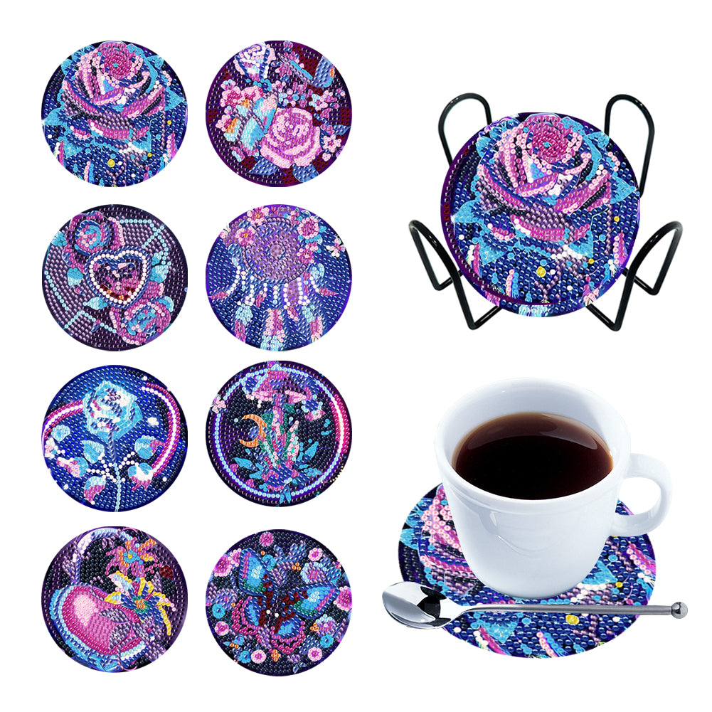 8PCS Acrylic Round Diamond Painting Art Coaster Kit Diamond Painting DIY Coaster