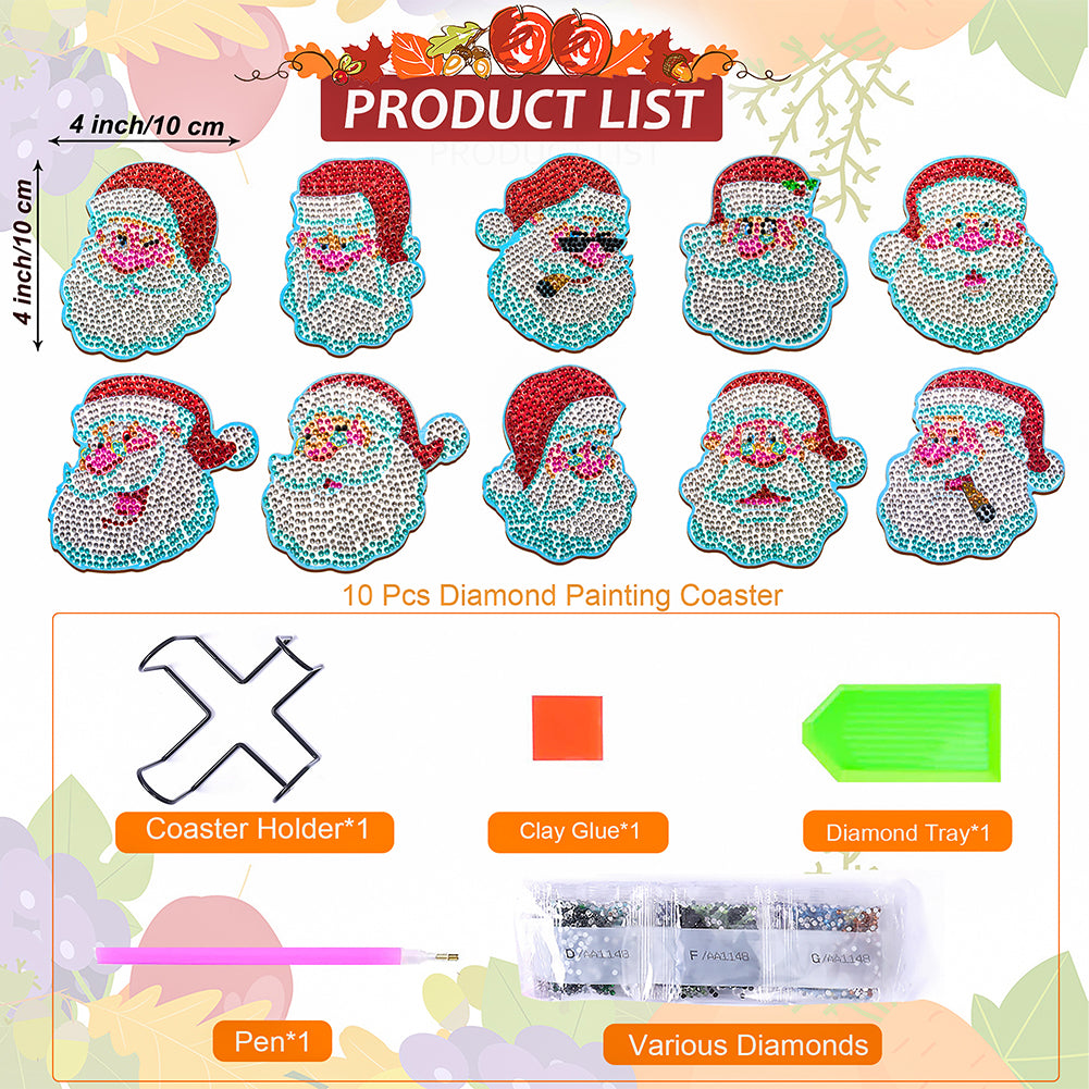 10PCS Diamond Painting Art Coaster Kit Santa Christmas Christmas Gifts Cardinals