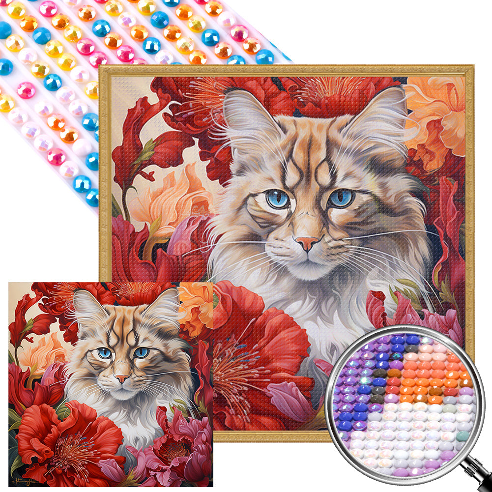 AB Diamond Painting - Full Round - Flowers and cats (40*40CM)