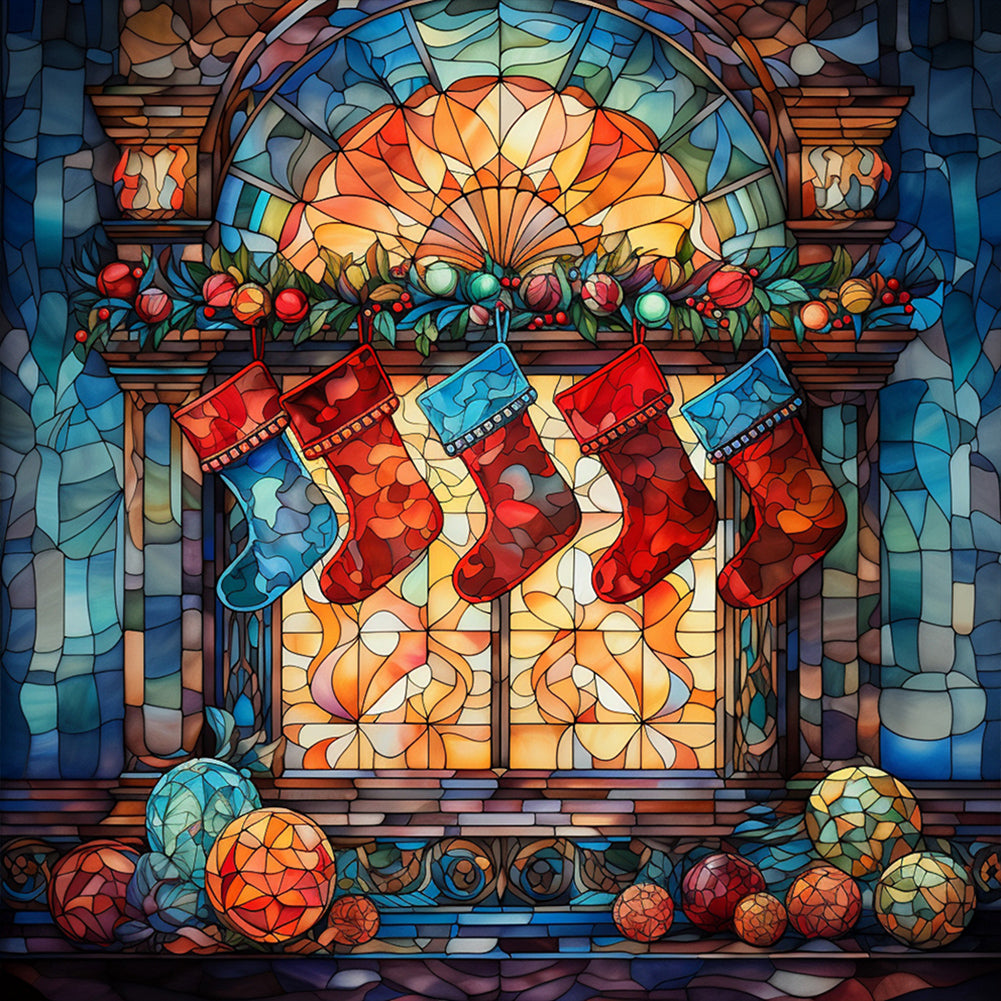 Diamond Painting - Full Round - Christmas Holiday Fireplace Christmas Stocking Glass Painting (30*30CM)