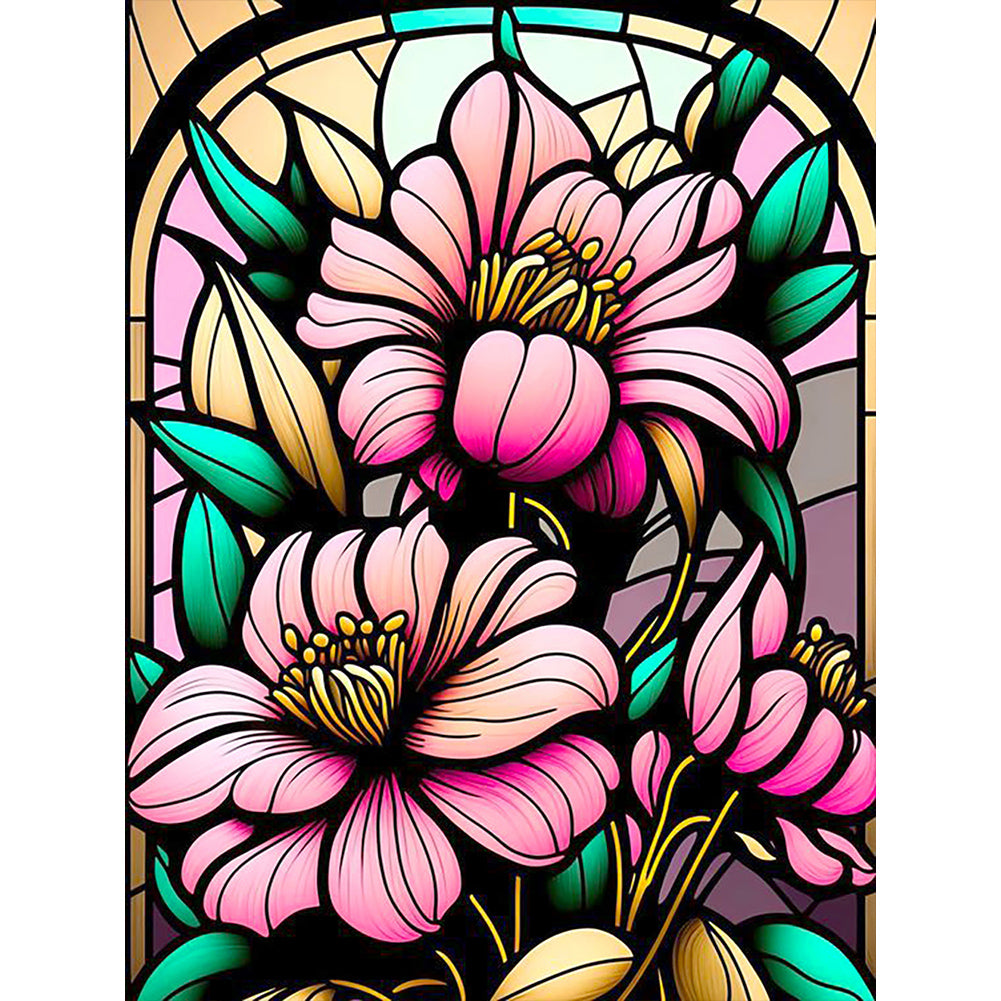Diamond Painting - Full Round - stained glass pink flowers (30*40CM)