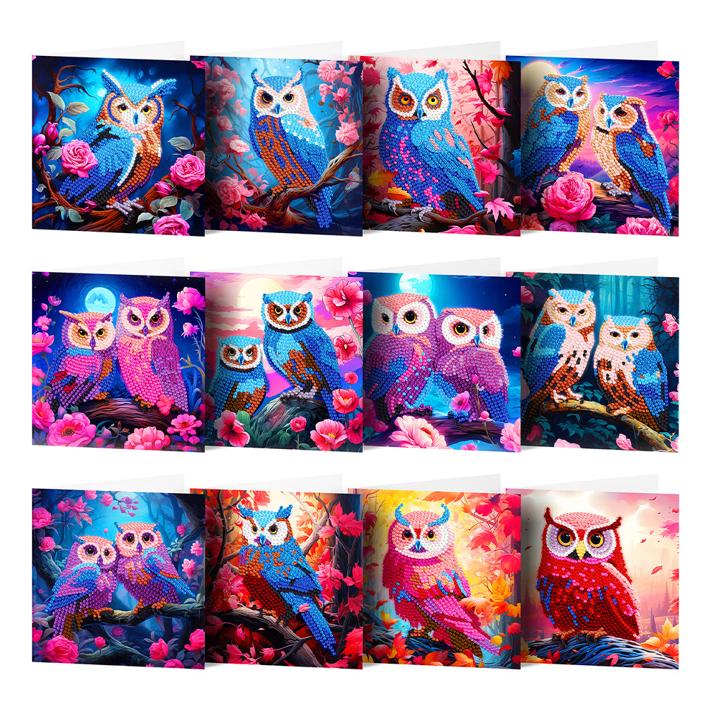 12PCS Special Shape Diamond New Year Greeting Card Diamond Drawing Card (Owl)