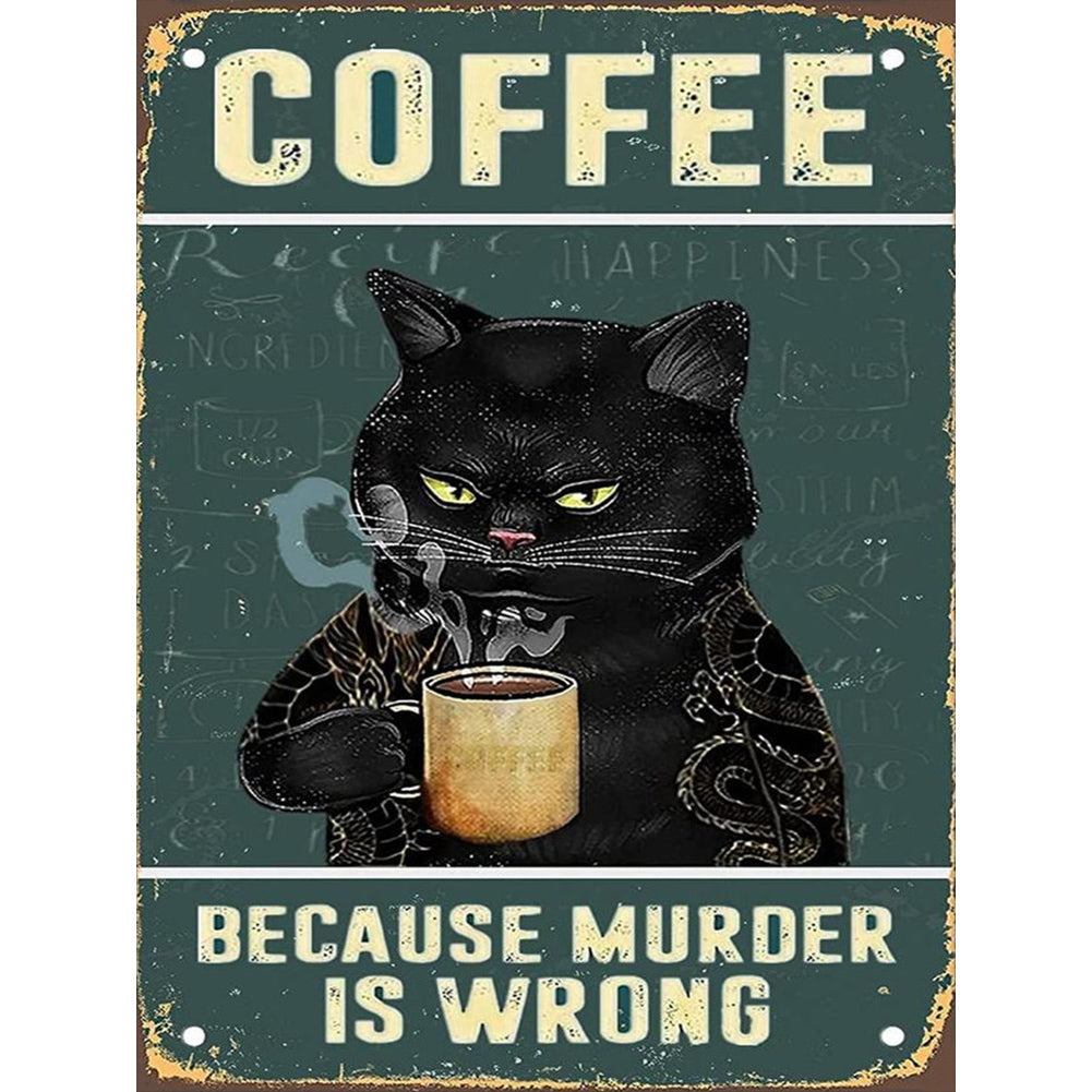 Diamond Painting - Full Round - black cat drinking coffee (30*40CM)