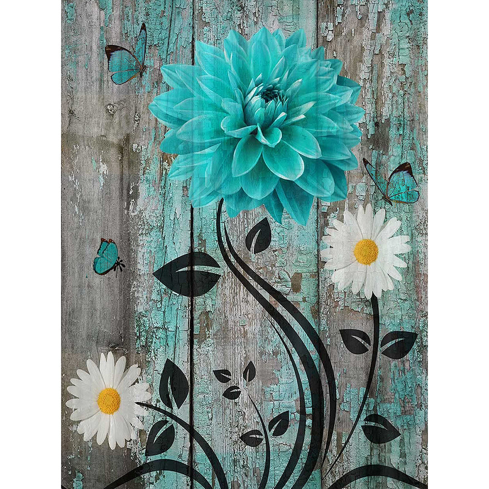 Diamond Painting - Full Round - Blue and green wooden board flowers (30*40CM)