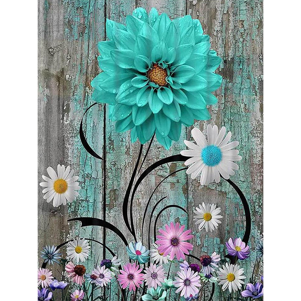 Diamond Painting - Full Round - Blue and green wooden board flowers (30*40CM)