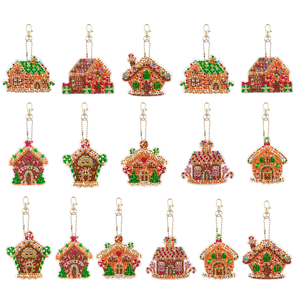 16PCS Double Sided Special Shape Diamond Art Keyring (Christmas Cottage)