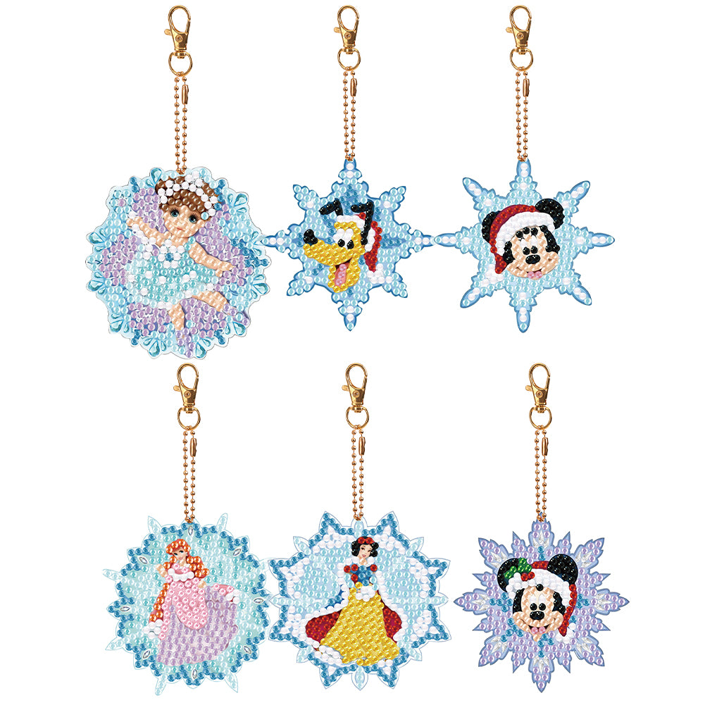 6PCS Double Sided Diamond Painting Art Keychain Pendant (Cartoon Snowflake)