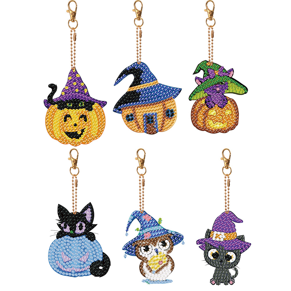 6PCS Double Sided Diamond Painting Art Keychain Pendant (Funny Pumpkin Lamp)