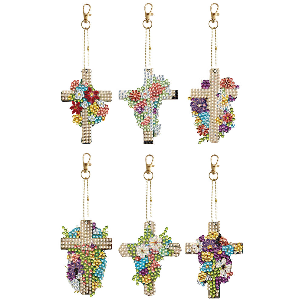 6PCS Double Sided Special Shape Diamond Painting Keychain (Flower Crucifix)
