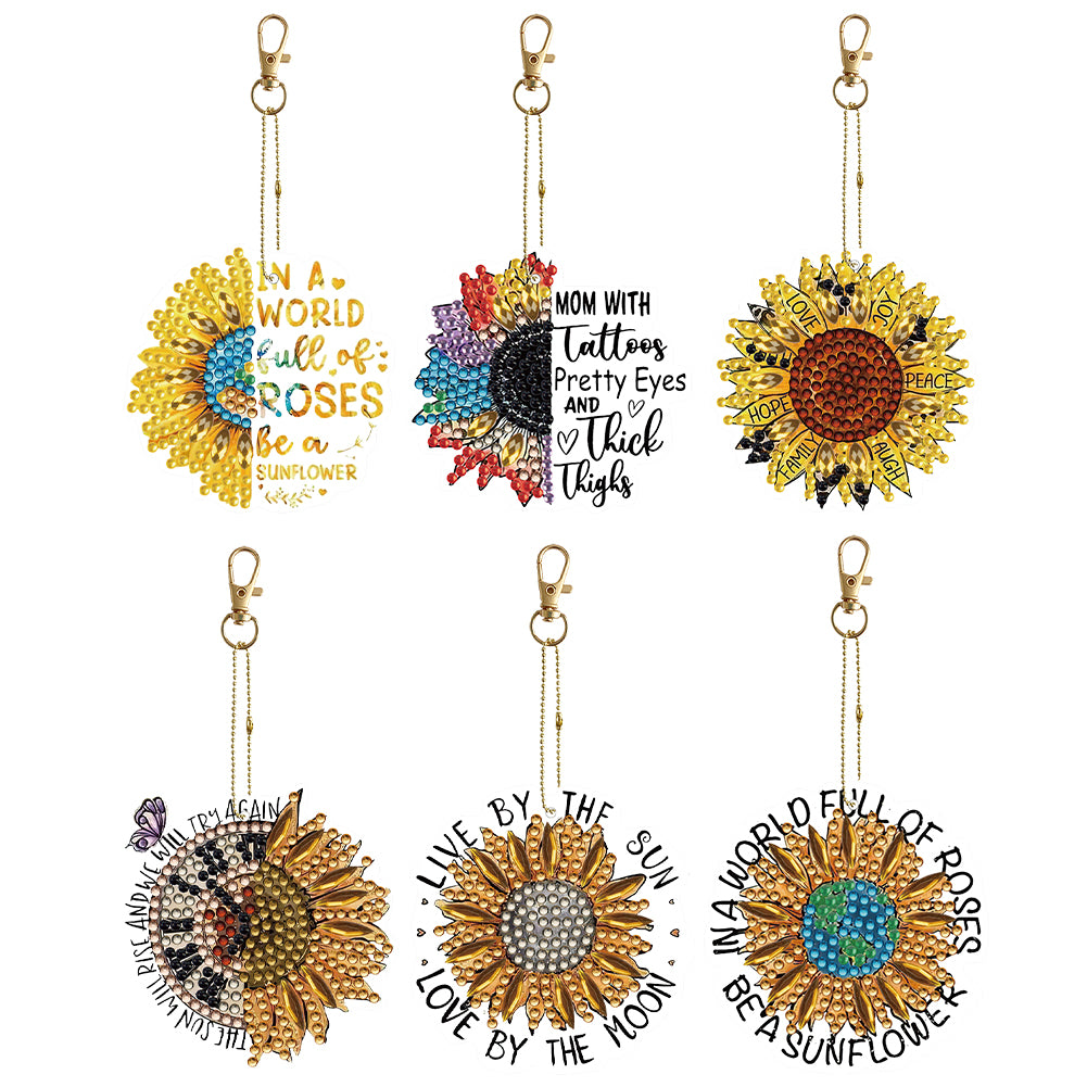 6PCS Double Sided Special Shape Diamond Painting Keychain (Sunflower Painting)