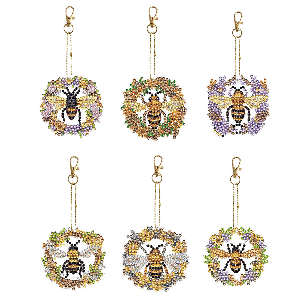 6PCS Double Sided Special Shape Diamond Painting Keychain (Flower Bee)