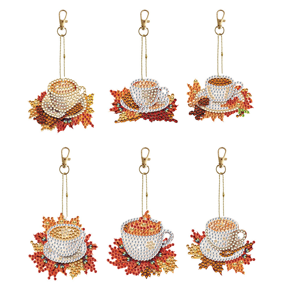 6PCS Double Sided Special Shape Diamond Painting Keychain (Autumn Warm Coffee)