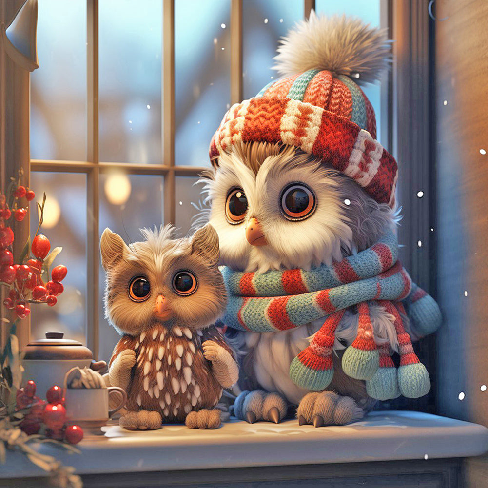 Diamond Painting - Full Round - Christmas snowy night owl animal series (40*40CM)