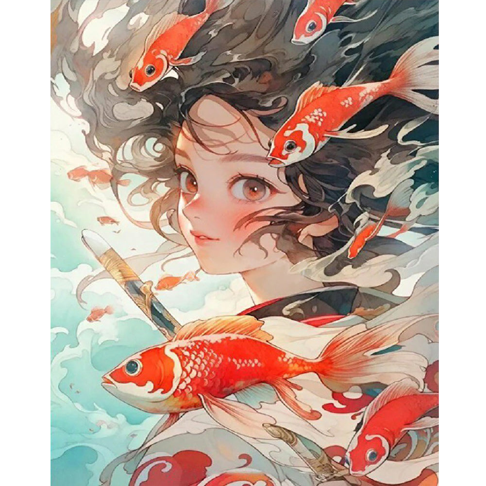 Diamond Painting - Full Round - Girl and Goldfish (40*50CM)