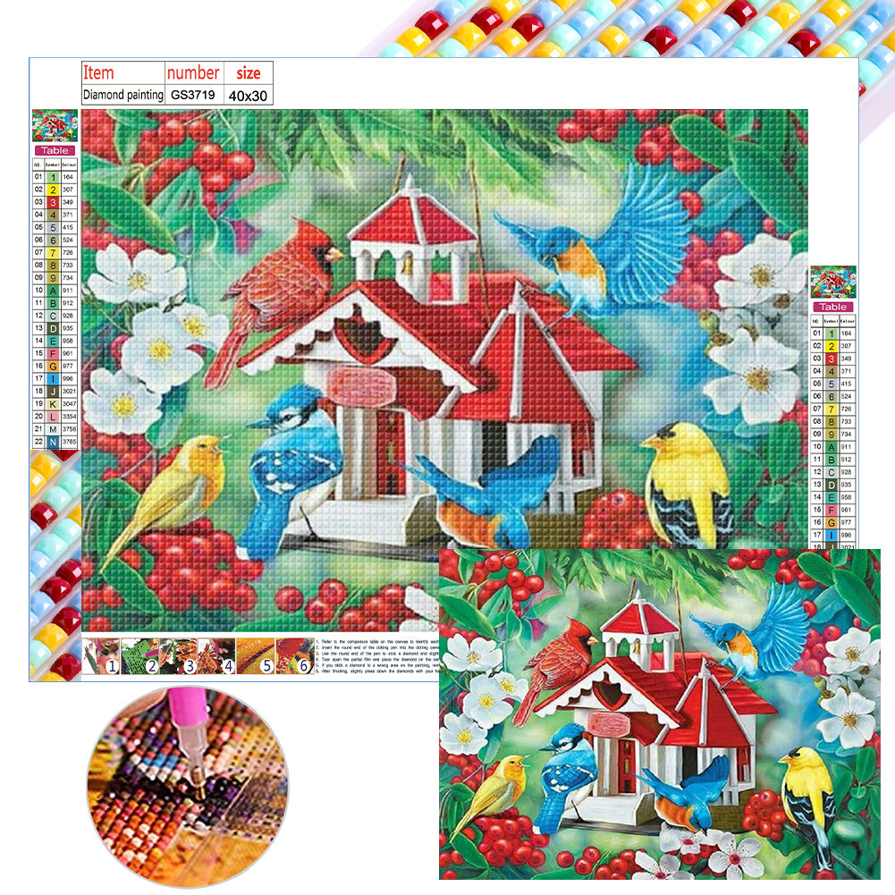 Diamond Painting - Full Square - Bird house with chirping birds and fragrant flowers (40*30CM)