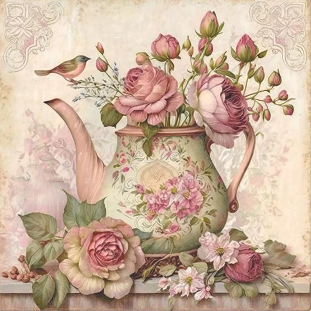 Diamond Painting - Full Round - Pink flower teapot (40*40CM)
